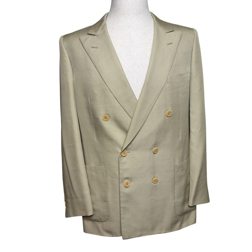 Vintage Gucci Mens Pure Silk Double Breasted Blazer Tan Beige‎ 52R Made in Italy